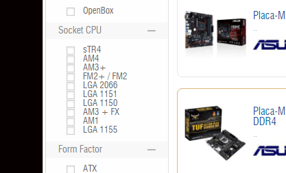 Exemplo de como filtrar rapidamente as placas selecionando o socket no site KaBuM!