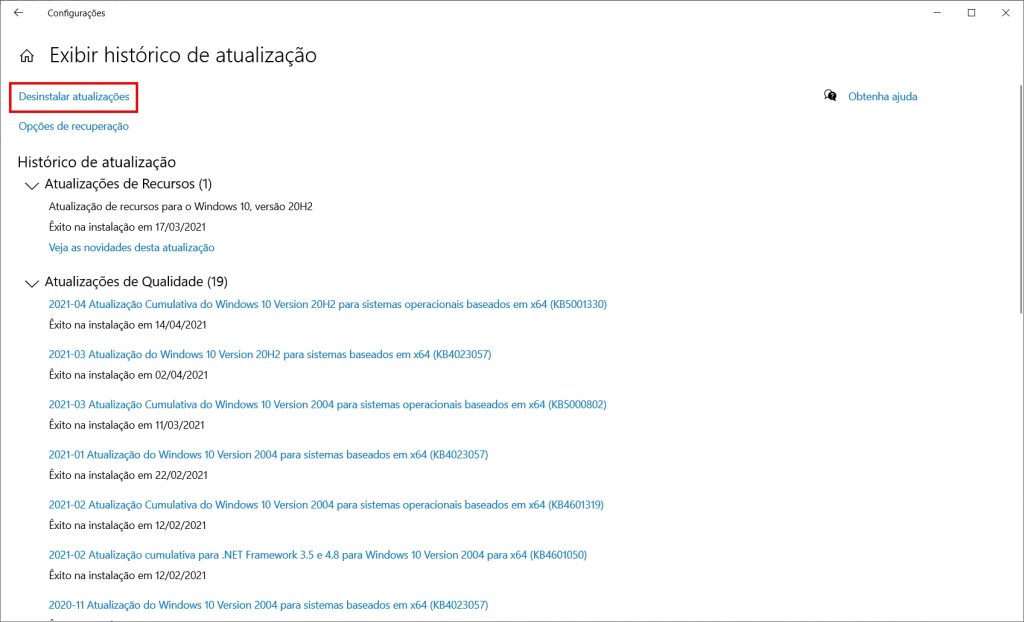 Como remover as atualizações do Windows 10 - Passo 3