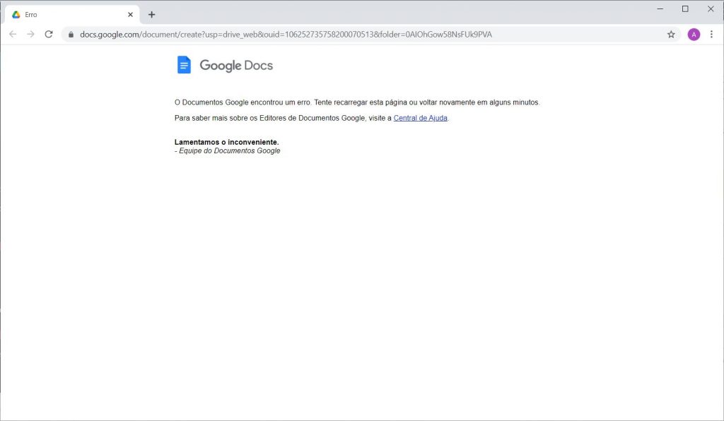 Erro ao acessar Google Docs
