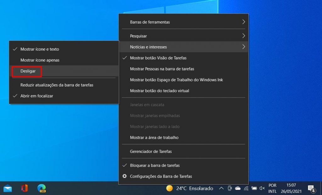 Como remover a barra de notícias e interesses do Windows 10 - Passo 2