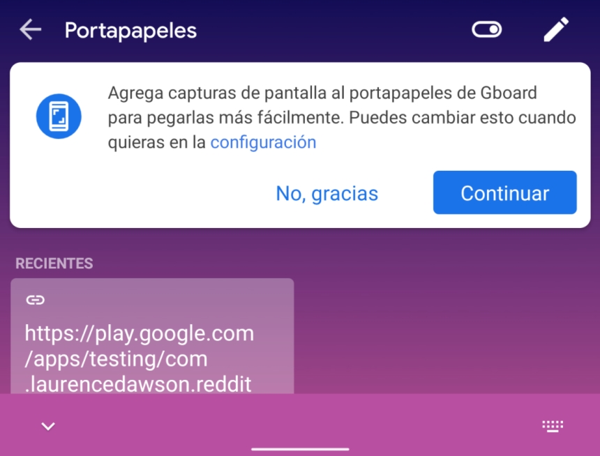 Gboard solicitando permissão para novo recurso