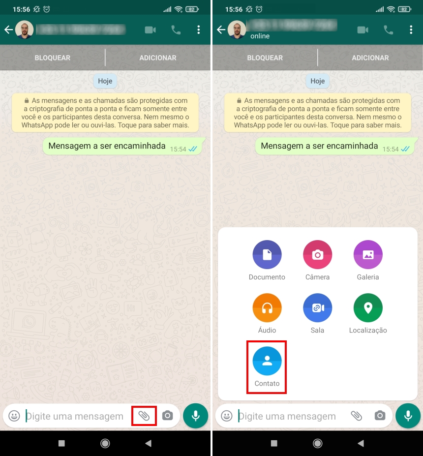 Como encaminhar contatos no WhatsApp - Passo 1