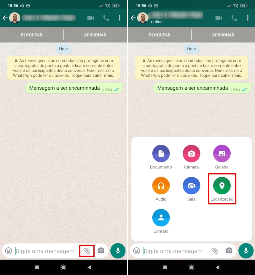 Como encaminhar sua localização no WhatsApp - Passo 1