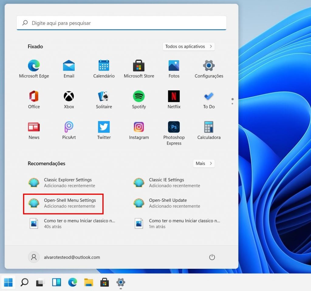 Como ter o menu Iniciar classico no Windows 11 - Passo 3