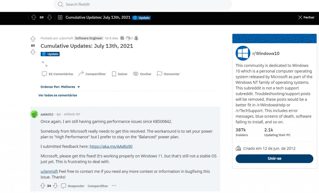 Publicação no Reddit referente ao problema de performance do Windows 10