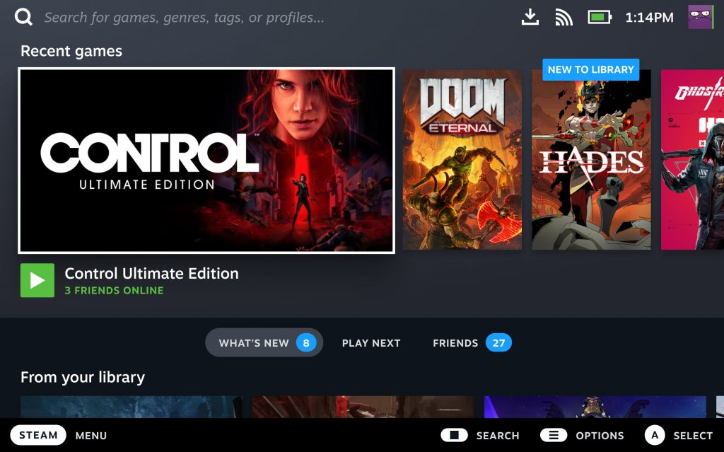 Interface do Steam OS - Steam Deck