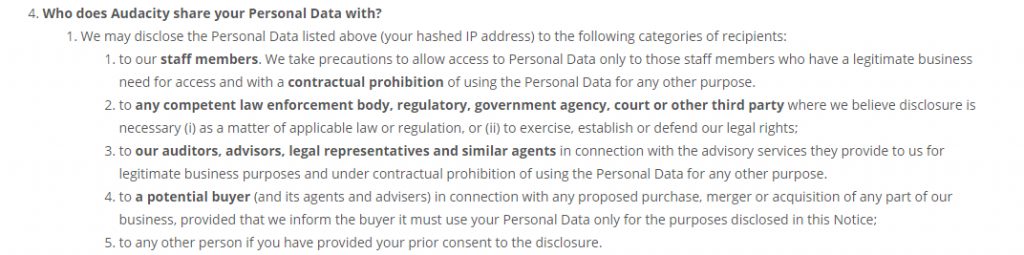 Termos de privacidade do Audacity