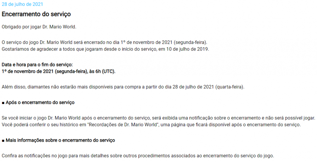 Comunicado da Nintendo sobre encerramento do game