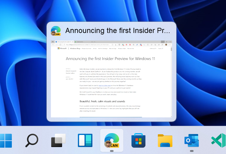 Novo preview de programas na barra de tarefas do Windows 11