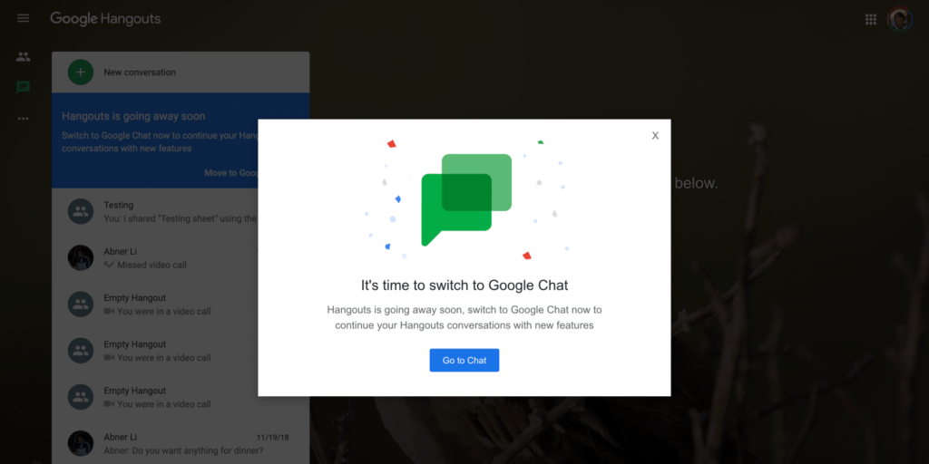 Comunicado de migração exibido na versão desktop do Hangouts