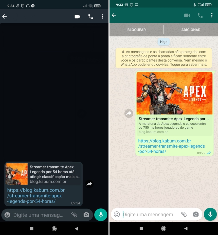 WhatsApp - prévia antiga vs prévia nova de links