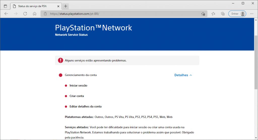 Problema na PSN