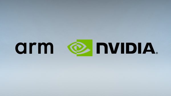 Ilustração com os logos da Arm e da Nvidia