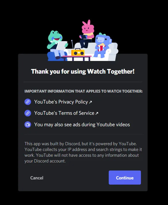 Aviso do recurso Watch Together do Discord