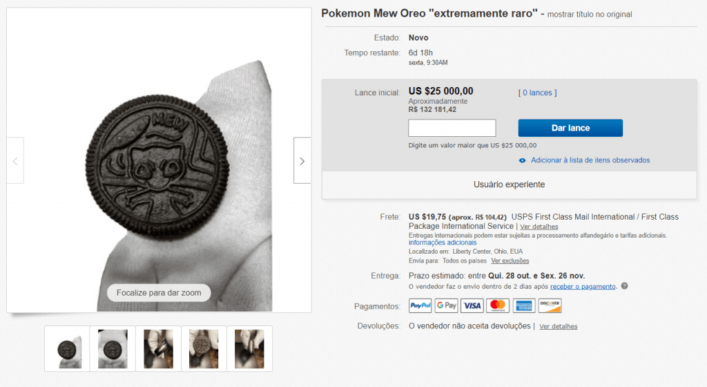 Anúncio de leilão no eBay de bolacha Oreo do Pokémon