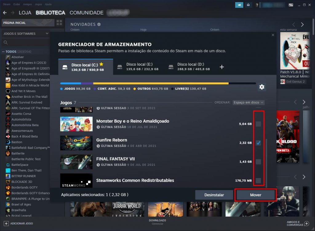 Como mover um jogo da Steam para outro disco - Passo 4