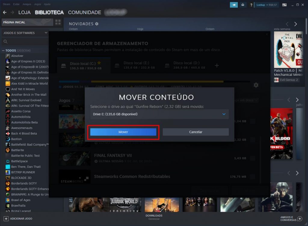 Como mover um jogo da Steam para outro disco - Passo 5