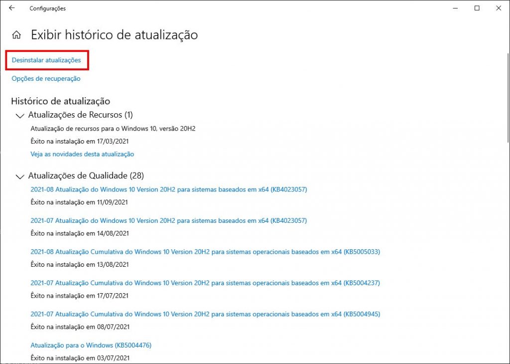 Como remover as atualizações KB5005565 e KB5005566 do Windows 10 - Passo 3