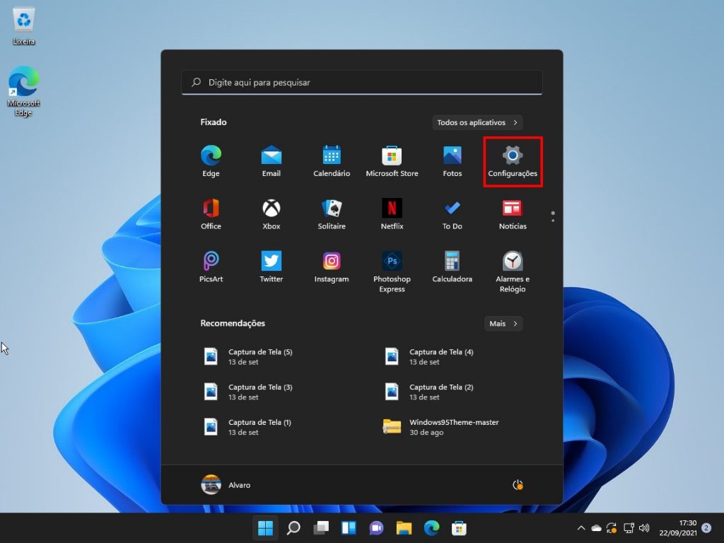 Como trocar a posição do menu Iniciar no Windows 11 - Passo 1