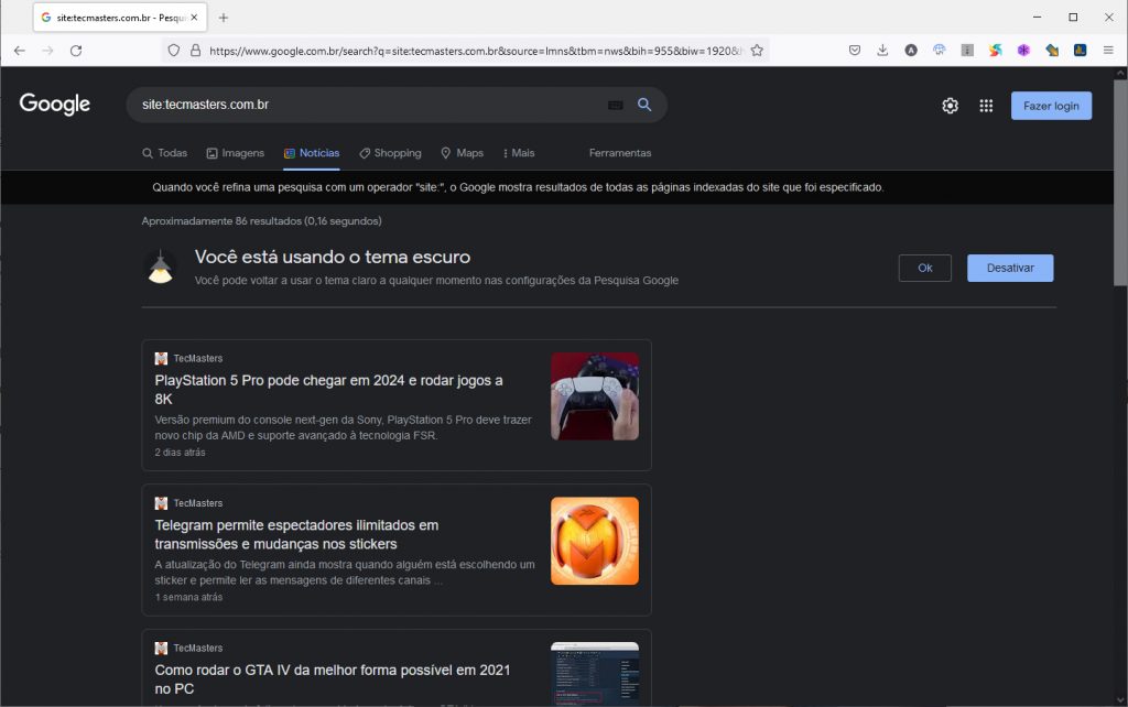 Google com modo escuro - busca por noticias