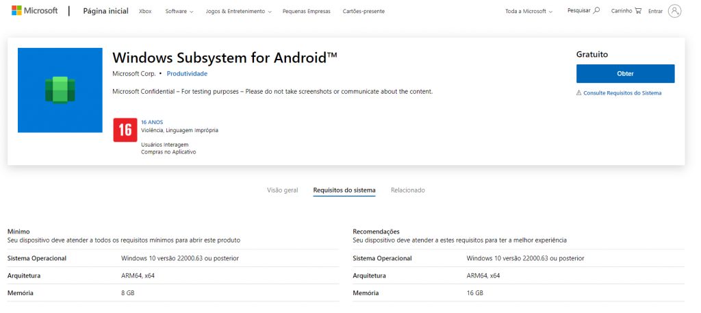 Página da Microsoft Store com sistema para rodar apps do Android