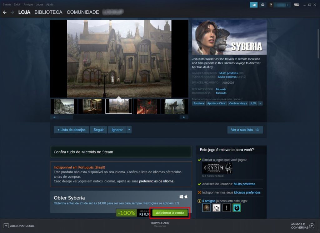 Syberia de graça na Steam