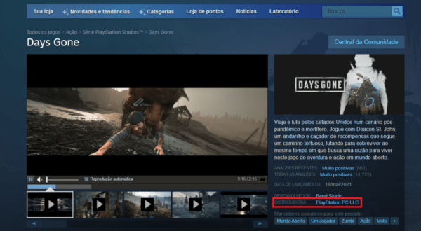 Jogo Days Gone, da PlayStation (Sony), na plataforma Steam