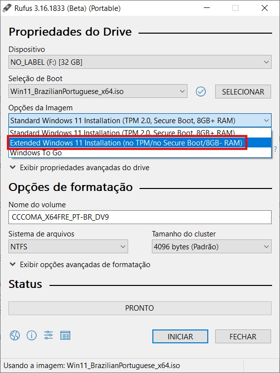 Como instalar o Windows 11 em PCs não compatíveis com o Rufus - Passo 2