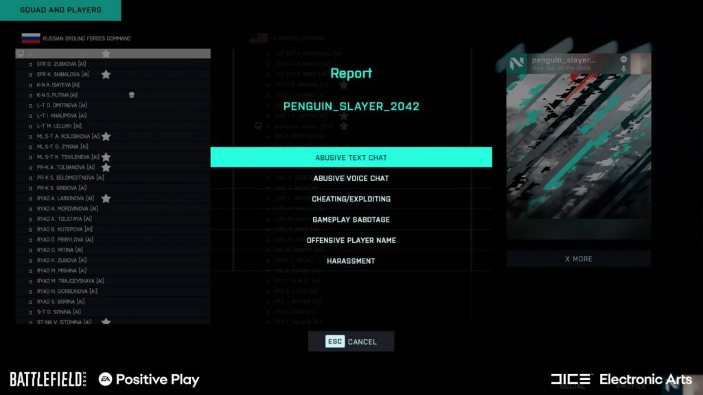 Sistema de report em Battlefield 2042