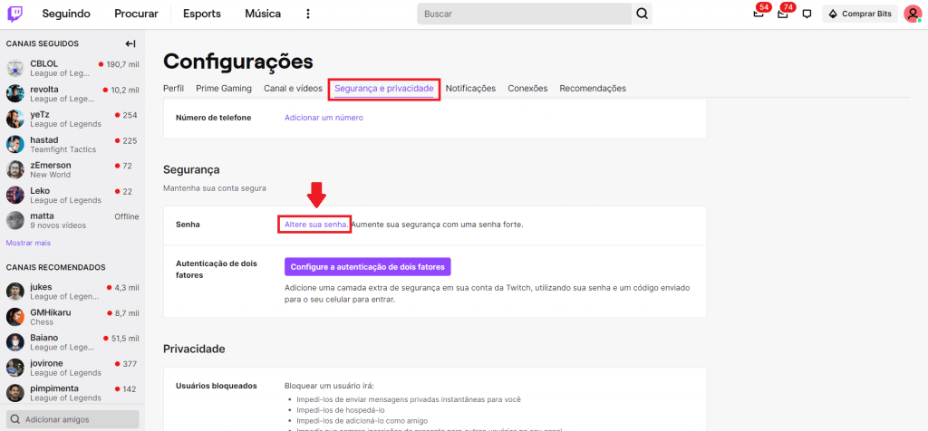 Passo a passo para trocar a senha da Twitch