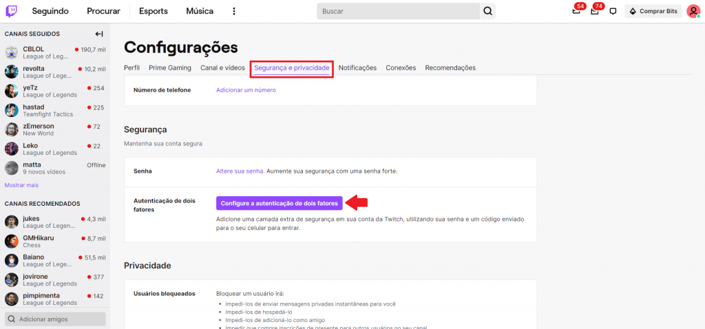 Passo a passo para ativar a autenticação de dois fatores da Twitch