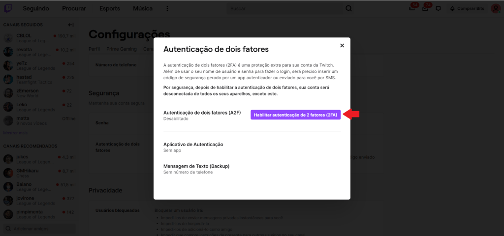 Passo a passo para ativar a autenticação de dois fatores da Twitch