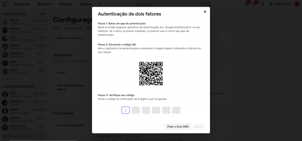 Passo a passo para ativar a autenticação de dois fatores da Twitch
