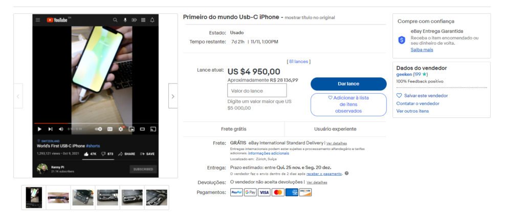 iPhone com porta USB-C em leilão