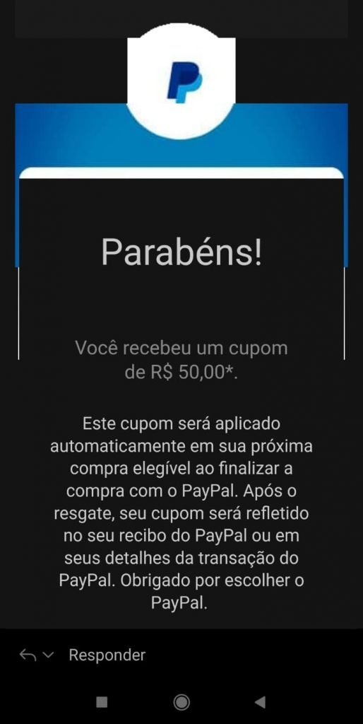 E-mail do cupom do PayPal