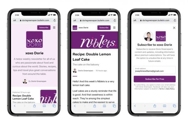 Tela de smartphones mostra conteúdo da plataforma de newsletter da Meta, a Bulletin