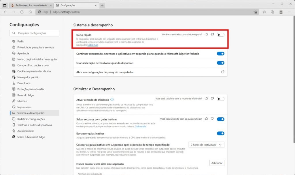 Como ativar ou desativar o Início rápido do Microsoft Edge - Passo 3