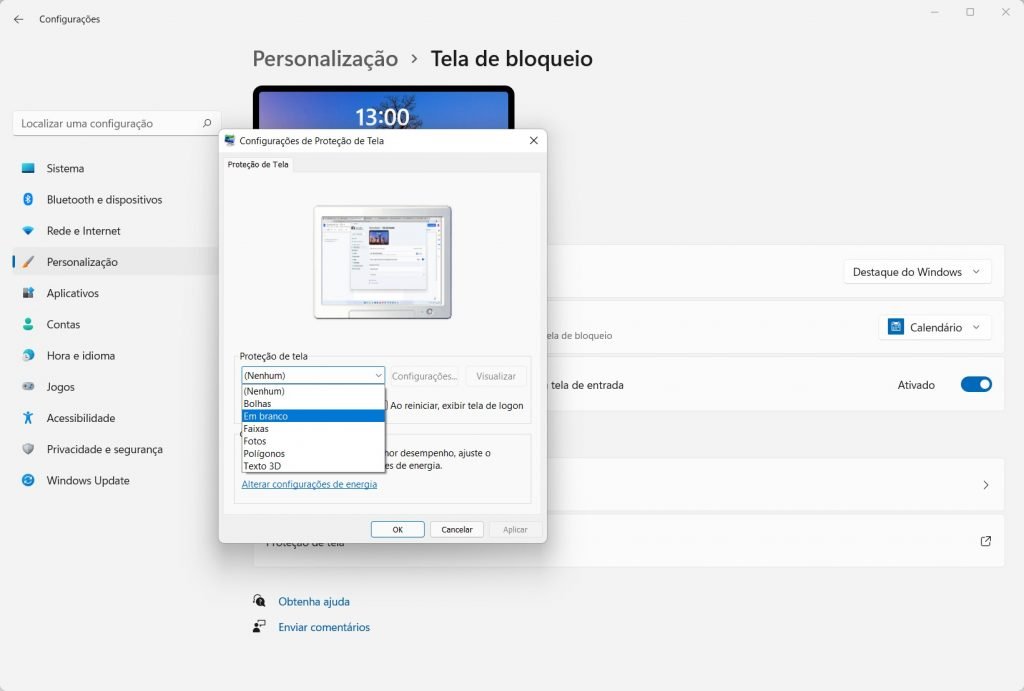 Como habilitar a proteção de tela no Windows 11 - Passo 4