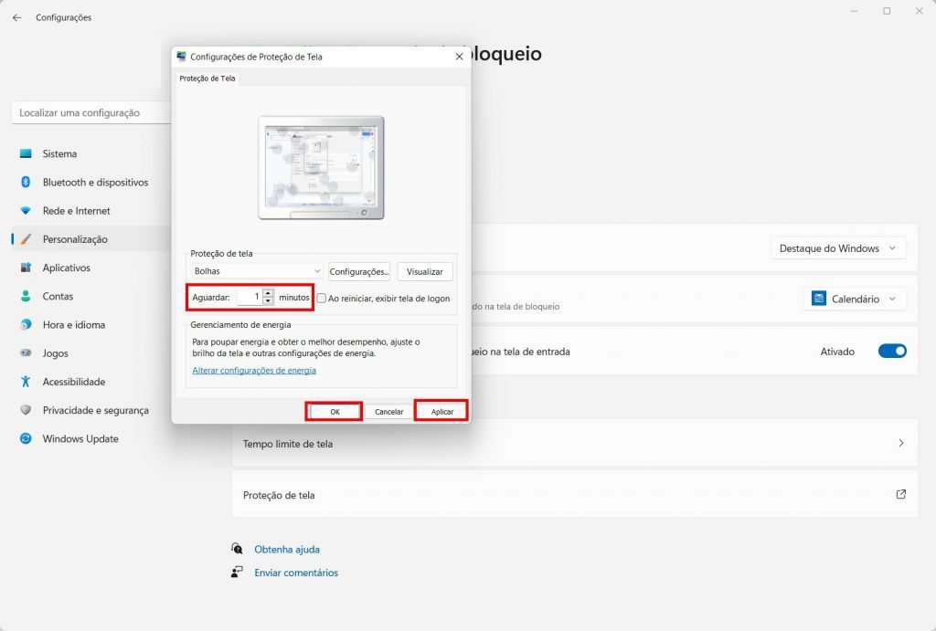 Como habilitar a proteção de tela no Windows 11 - Passo 5