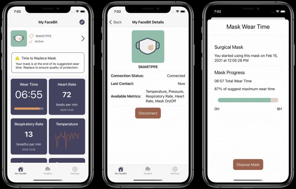 Imagem mostra um protótipo de como funciona o aplicativo do sensor Facebit: são três telas ilustradas, cada uma informação sobre os dados que o dispositivo disponibiliza