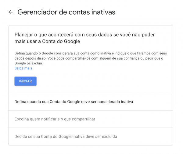 Captura de tela do Gerenciador de Contas Inativas, ferramenta do Google que permite autodestruir o Gmail e serviços associados