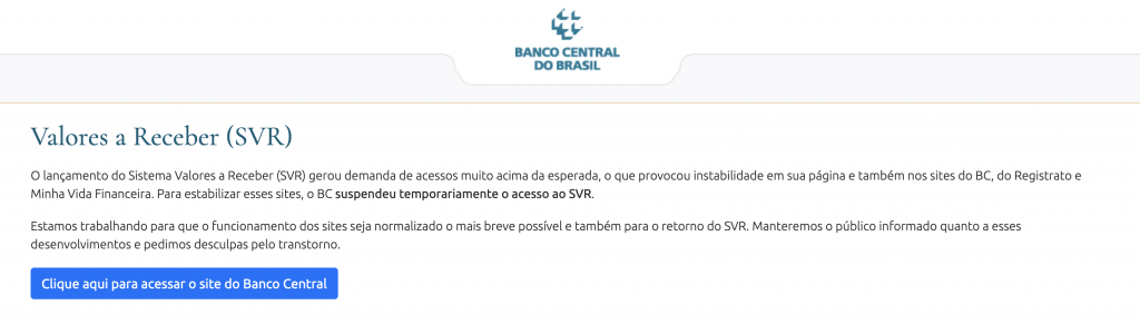 Nota oficial do Banco Central (BC) informando sobre a retirada do serviço Valores a Receber do ar