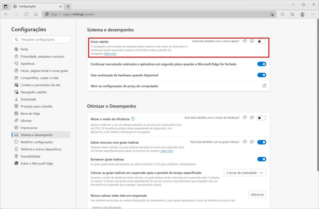 Como desabilitar o Início rápido do Microsoft Edge