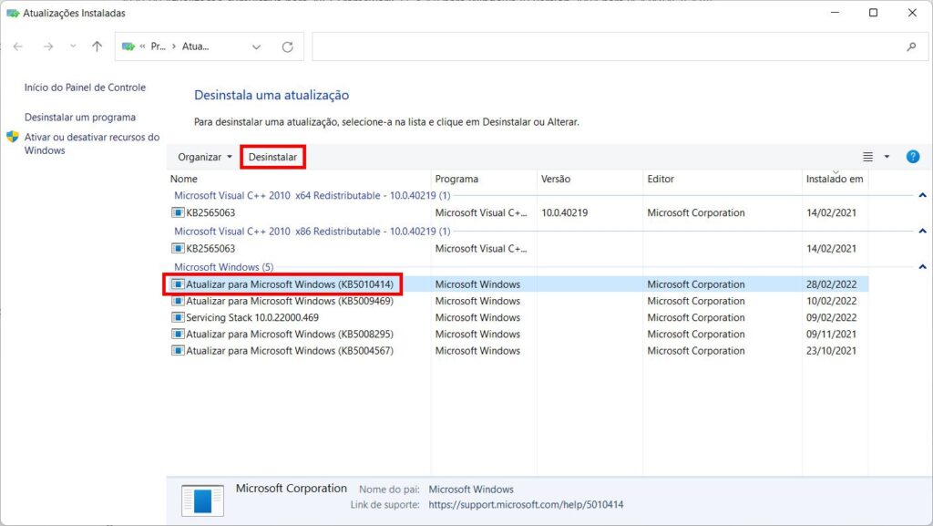 Como desinstalar a atualização KB5010414 do Windows 11 - Passo 4