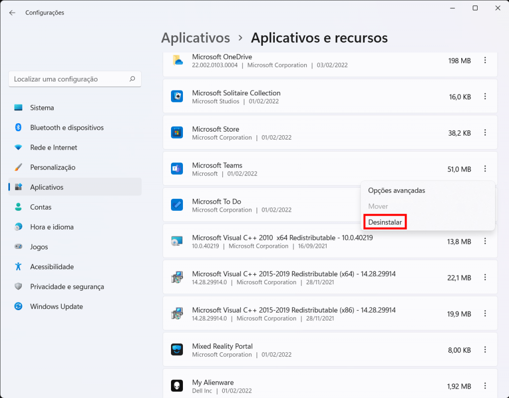 Como remover o Microsoft Teams pelas Configurações do Windows 11
