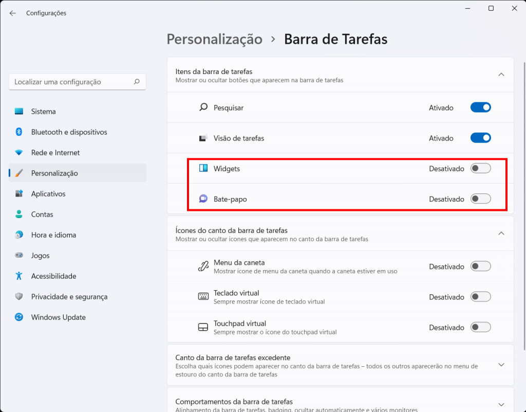 Como tirar os ícones do Teams e dos Widgets no Windows 11 - Passo 3