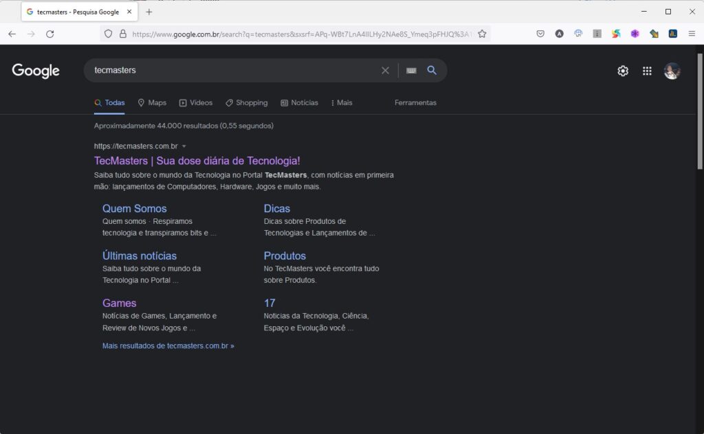 Pesquisa com tema escuro - Google