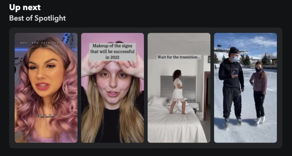 Captura de tela de alguns vídeos do Spotlight, recurso do Snapchat similar ao TikTok