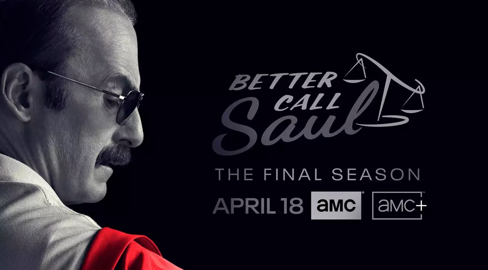 Pôster da série Better Call Saul, que mostra em um fundo preto o ator Bob Odenkirk de perfil, na pele de Saul Goodman, em preto e branco vestindo um paletó vermelho