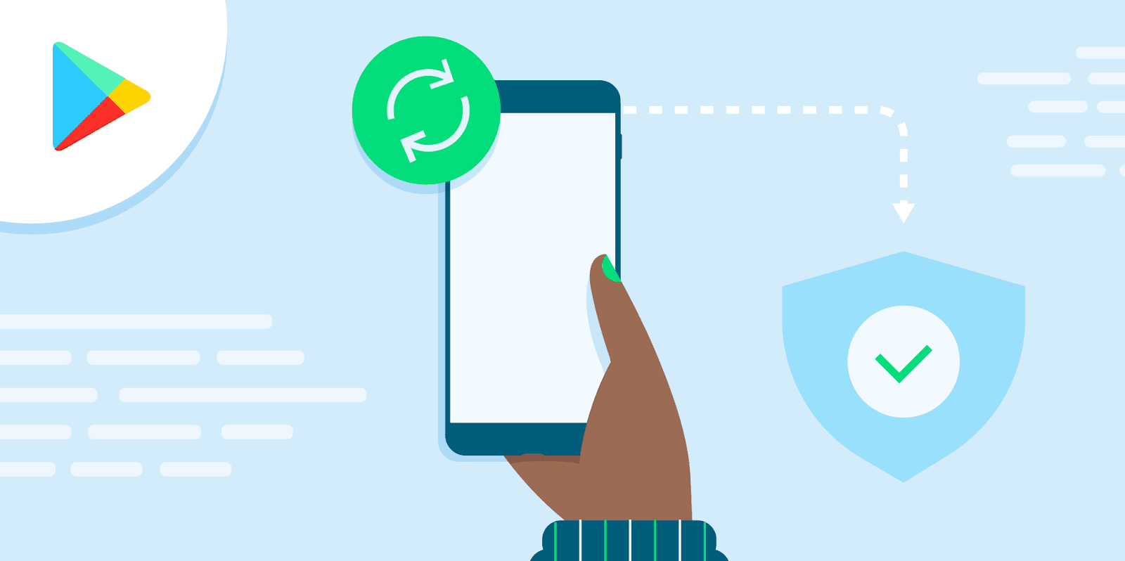 No topo esquerdo da tela aparece o logo da Google Play Store, no centro há uma ilustração de uma mão segurando um smartphone e, à direita dessa imagem, há o símbolo de um escudo de segurança